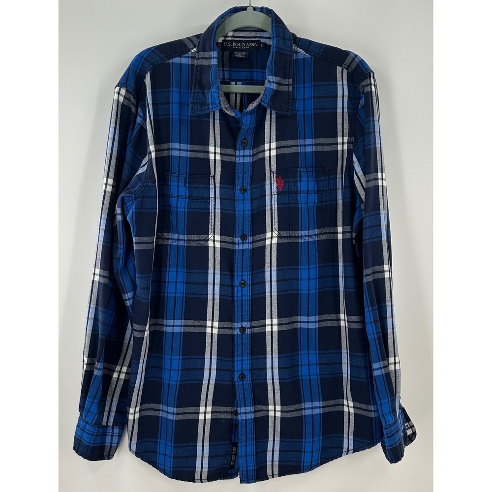 US Polo Assn Plaid Button Up Shirt Mens Large L Blue Black Flannel Style USPA